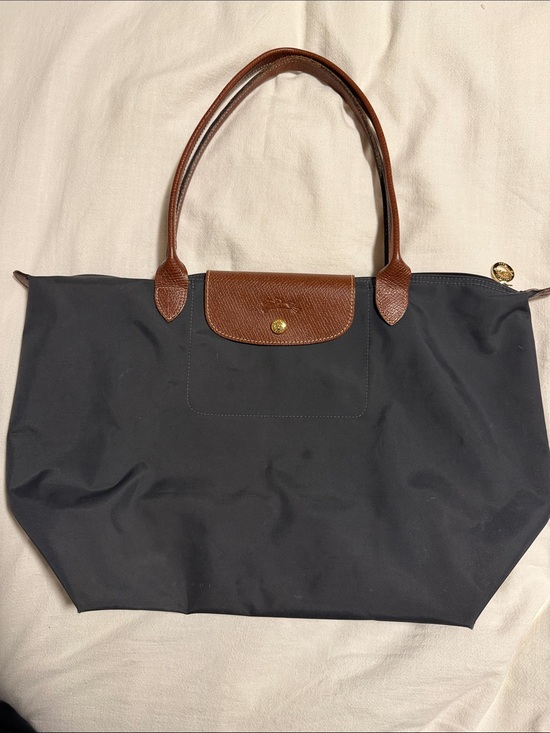 Longchamp Handbags - Longchamp Navy Nylon Tote with Brown Leather Trim